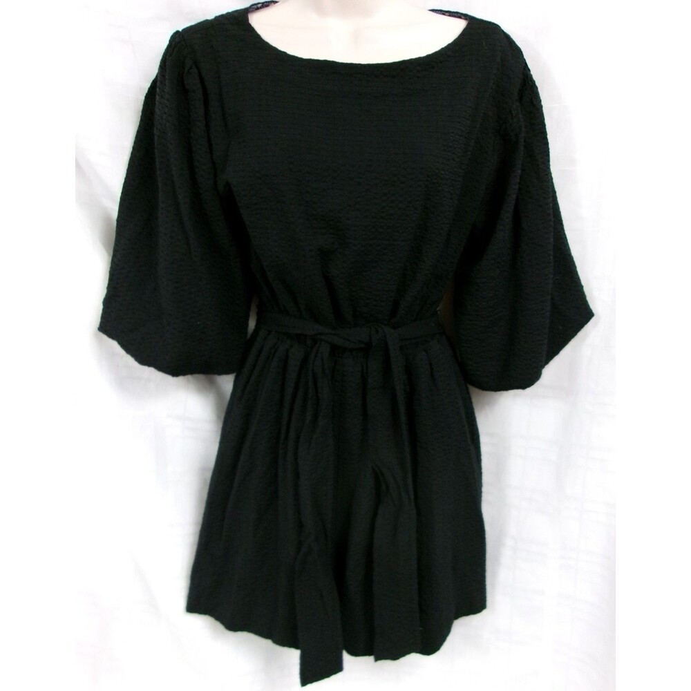 Anthropologie Francesca Balloon Sleeved Romper Black Waist Tie Pockets Size XS